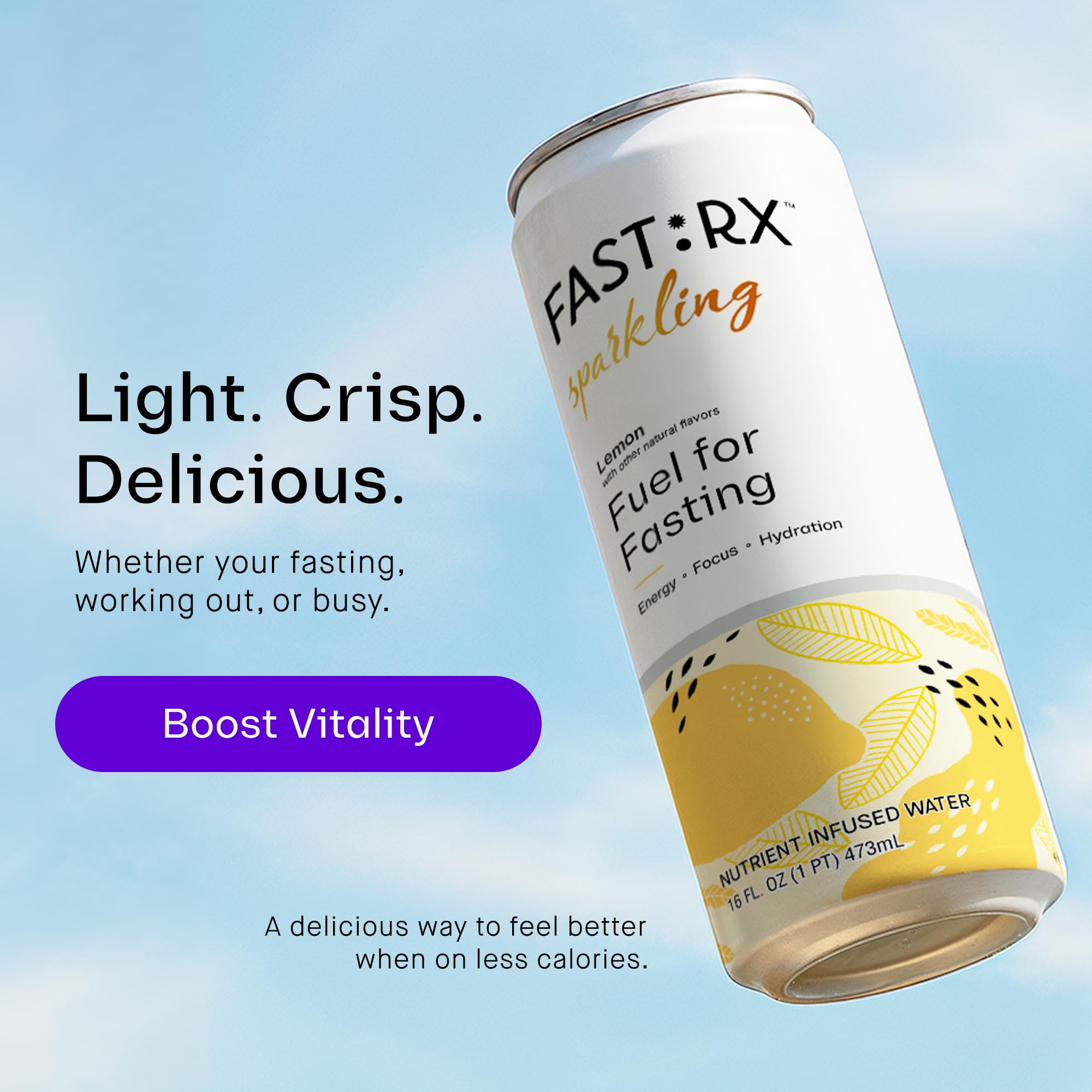 FAST:RX fastrx meyer lemon sparkling packaging emphasizes a convenient 12-pack for on-the-go hydration.