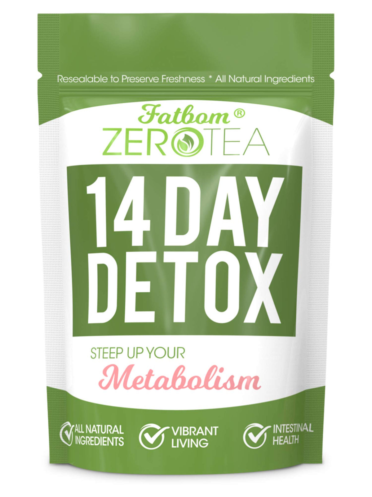 FATBOM Zero Tea packaging on shelf for a convenient detox ritual.