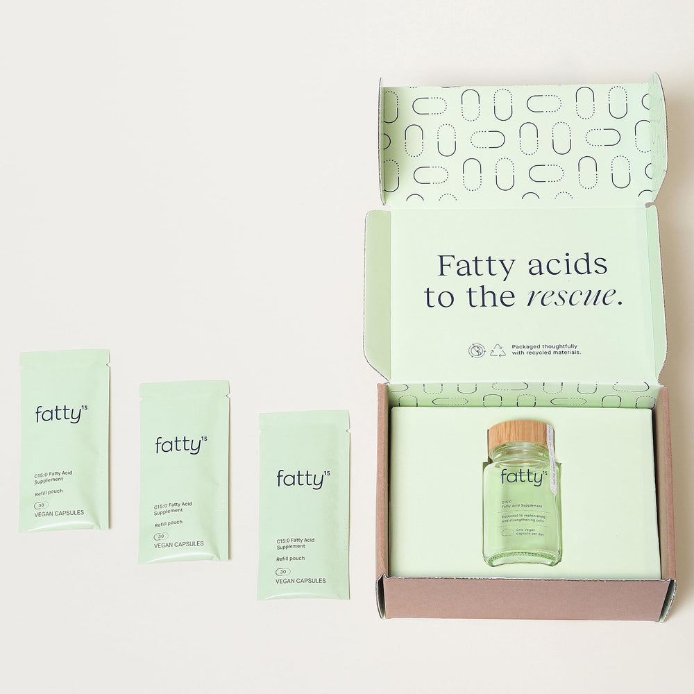 Close-up of Fatty15 C15:0 pentadecanoic acid capsules