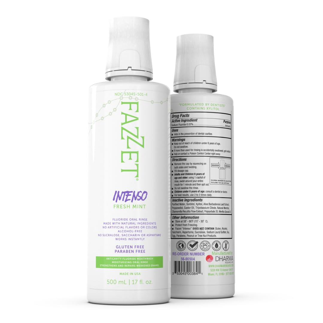 Front view of FAZZET Intenso Fluoride Oral Rinse bottle