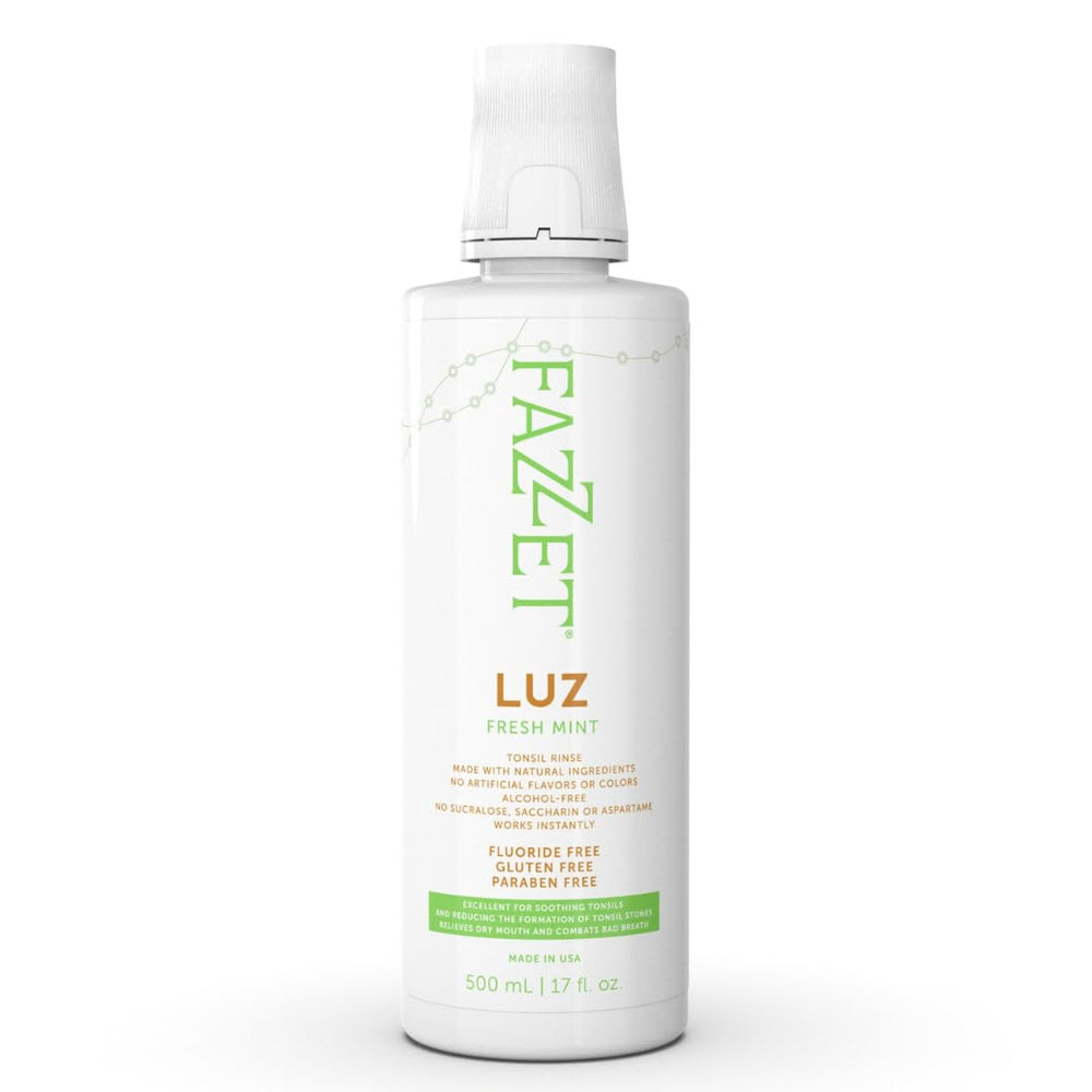 Close-up of FAZZET LUZ Tonsil Stone Mouthwash label