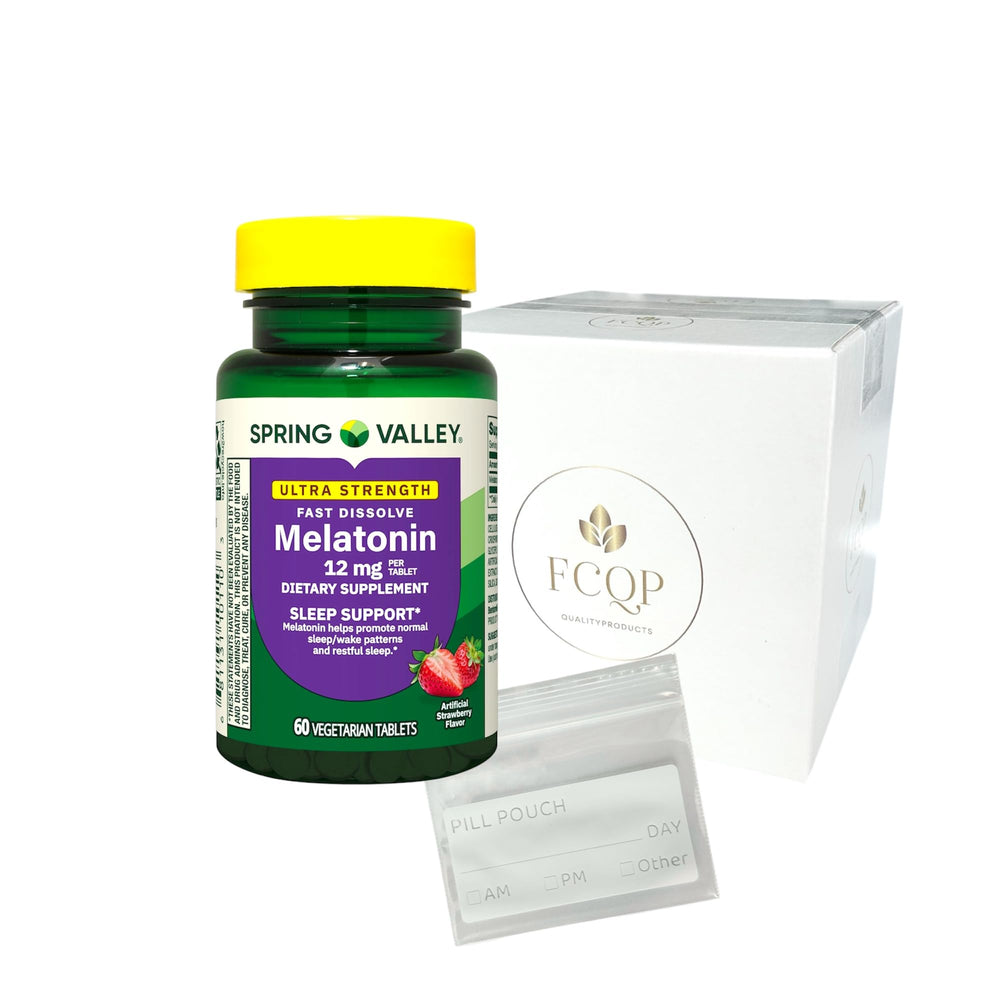 FCQP Spring Valley Melatonin Sleep Support Tablets 12 mg Strawberry Flavor fast-dissolve – 60 count, includes pill pouch and FCQP sticker
