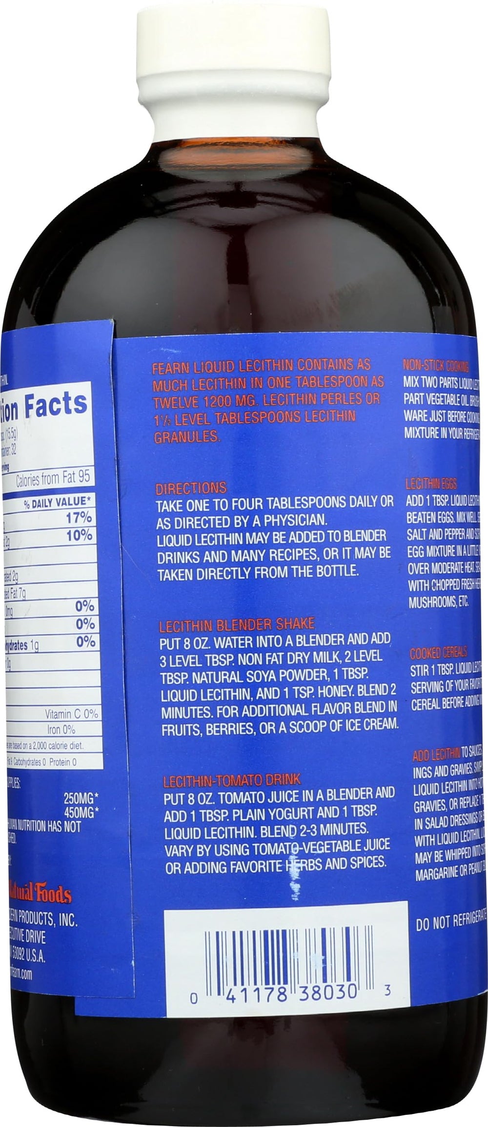 Back label of Fearn Natural Foods Liquid Lecithin 16 oz bottle