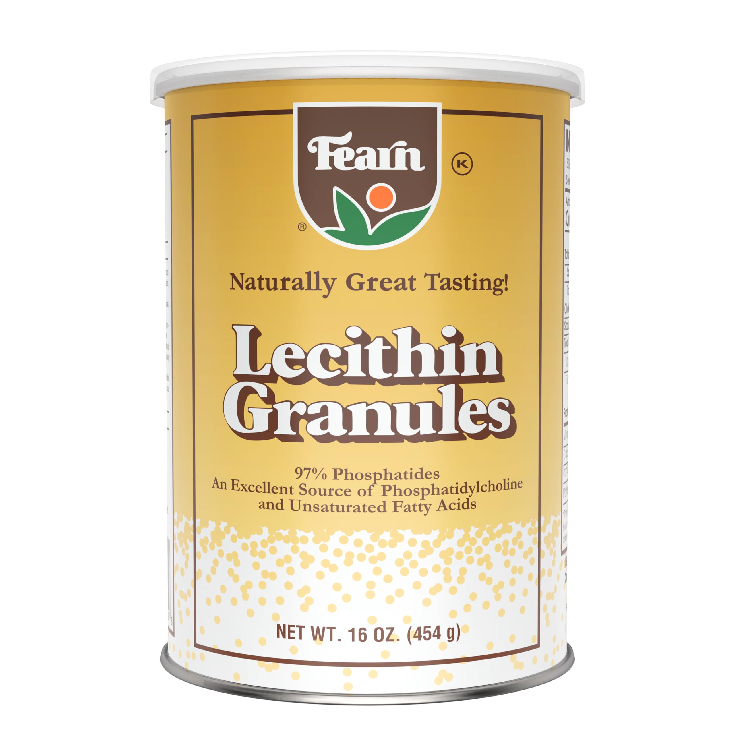 Fearn Soy Lecithin Granules tub label highlights quality and phosphatide content