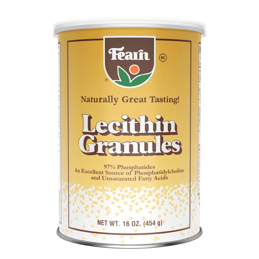 Fearn Soy Lecithin Granules tub label highlights quality and phosphatide content