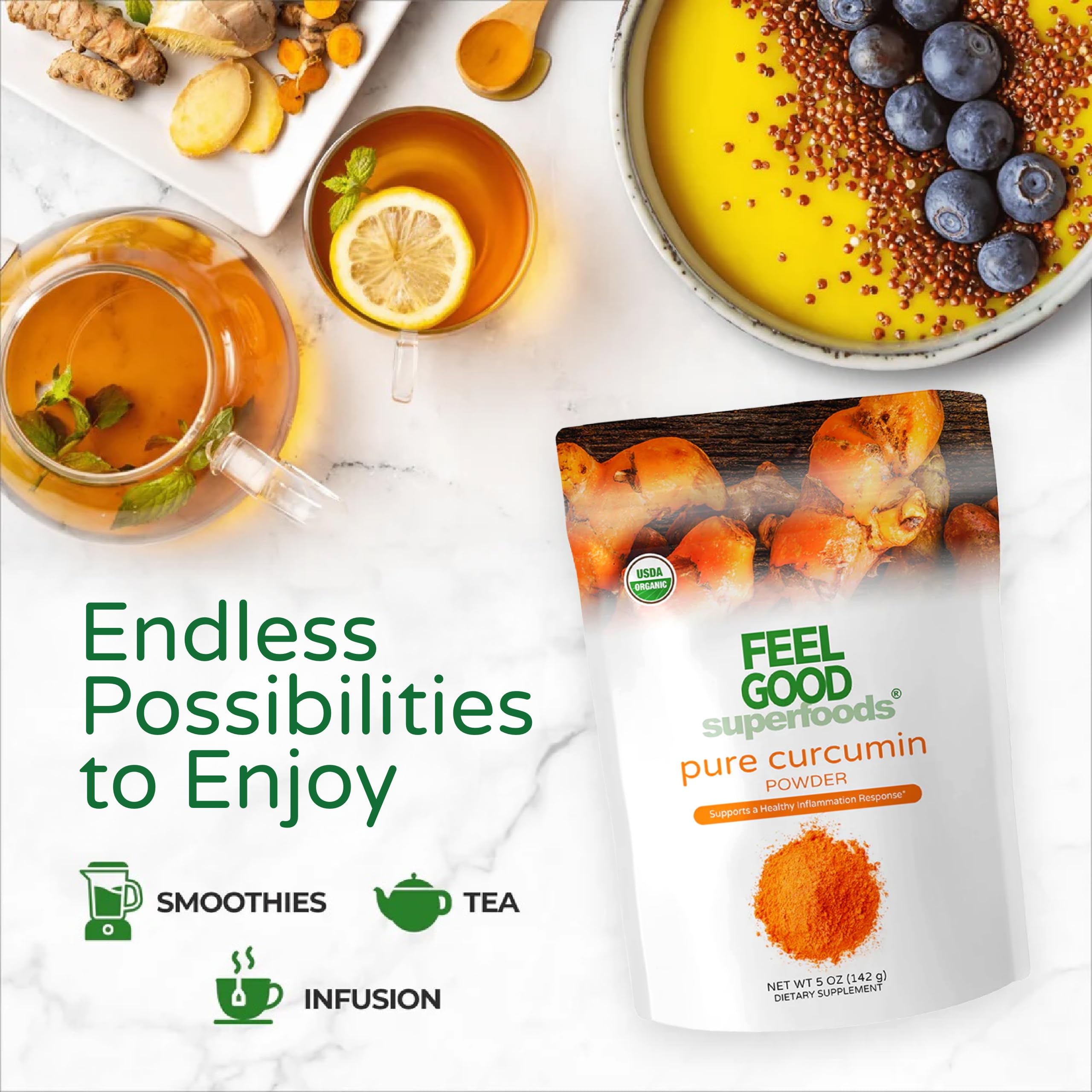 Curcumin powder being added to smoothie or recipe