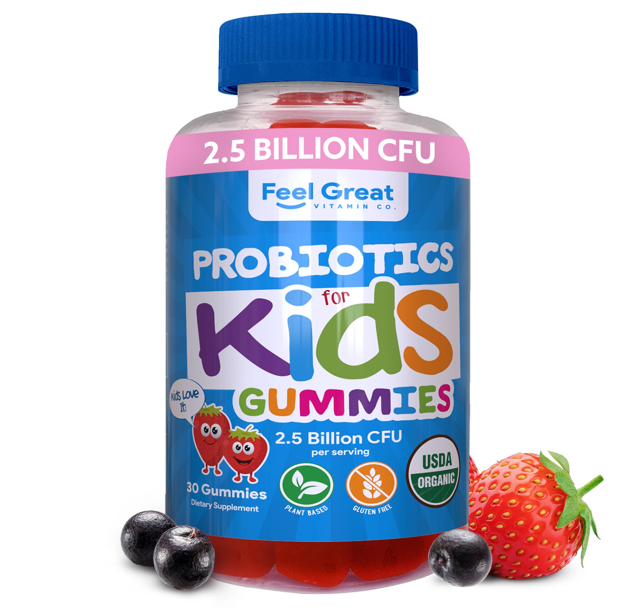 Bottle of Feel Great USDA Organic Kids Probiotics Gummies with strawberry flavor