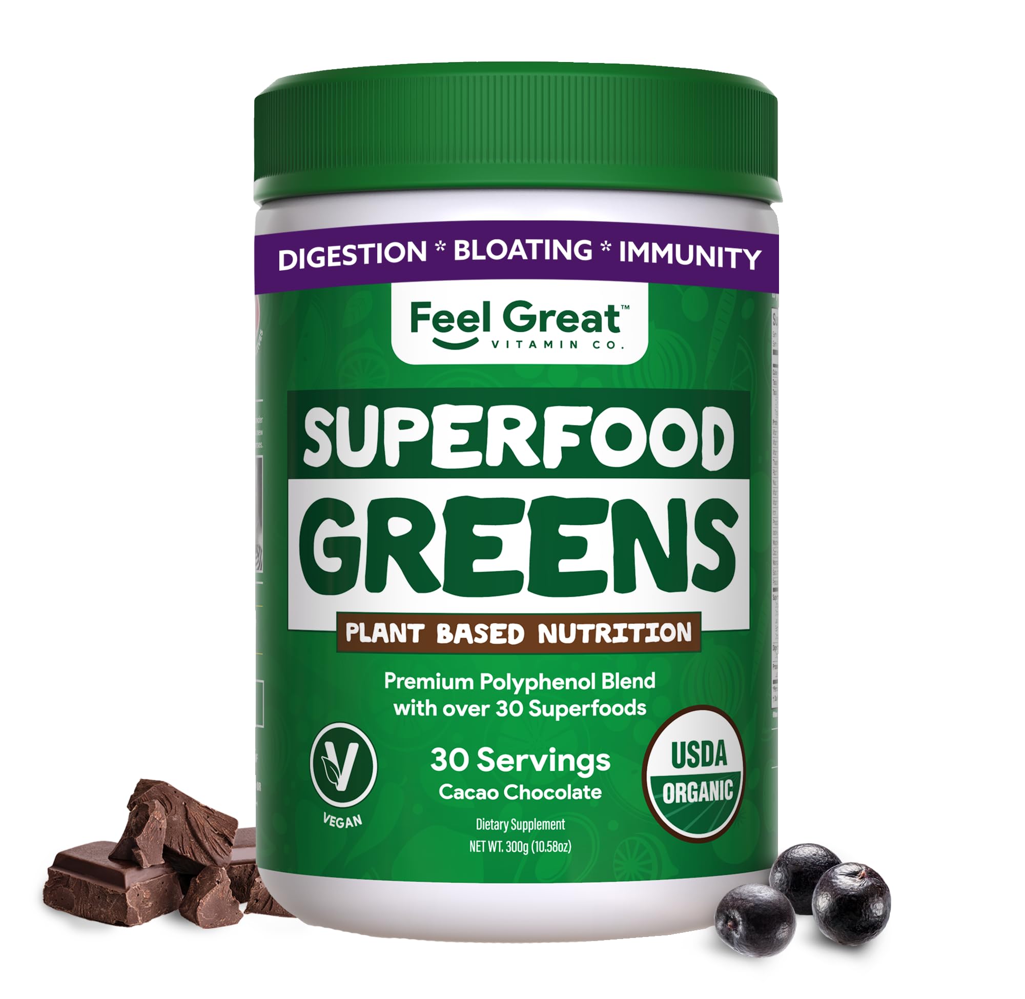 Hero image of Feel Great Organic Superfood Greens Powder in Cocoa Chocolate flavor, 30 servings