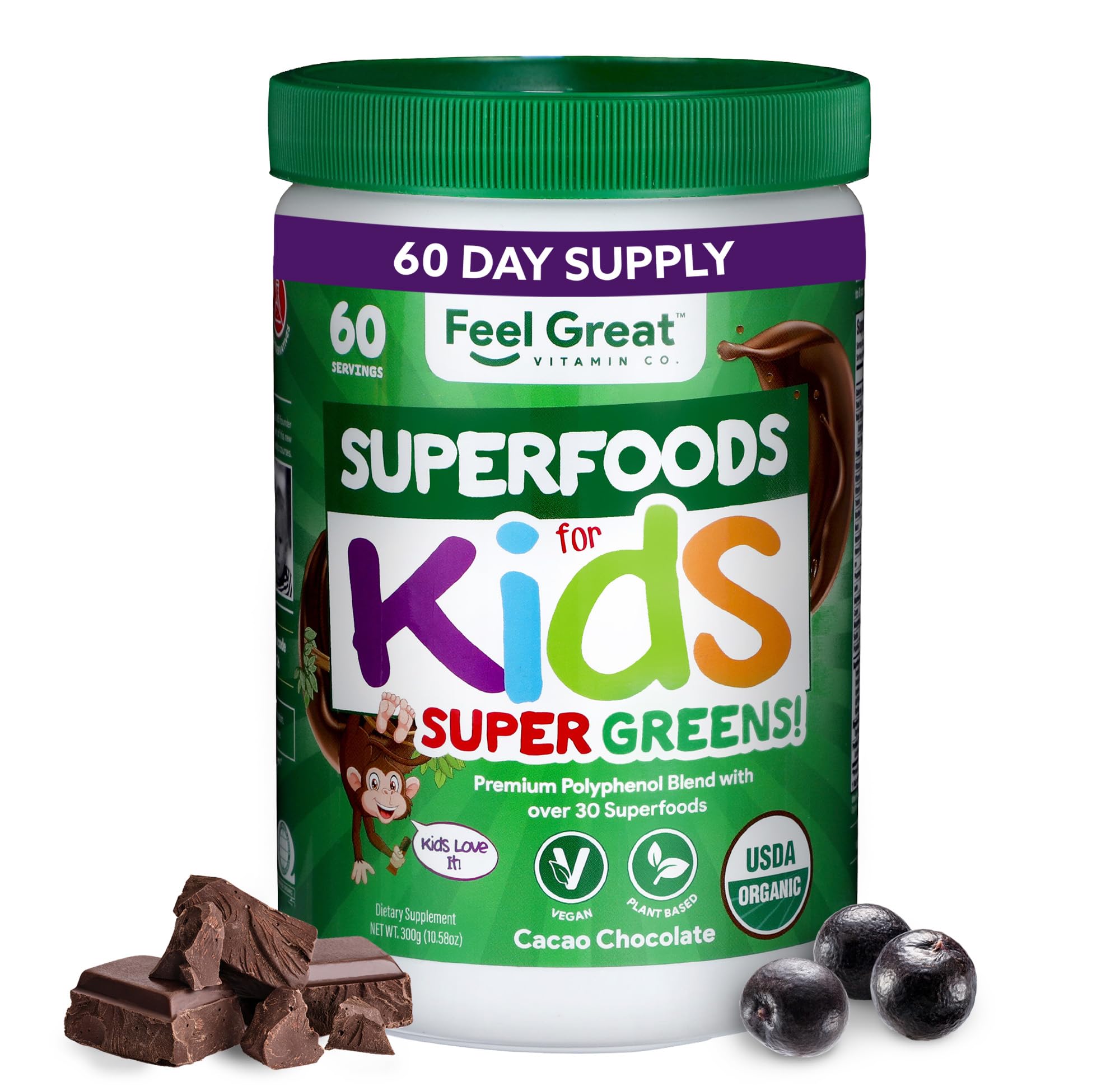 Front view of Feel Great USDA Organic Super Greens Powder for Kids in Cocoa Chocolate flavor