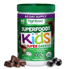 Front view of Feel Great USDA Organic Super Greens Powder for Kids in Cocoa Chocolate flavor