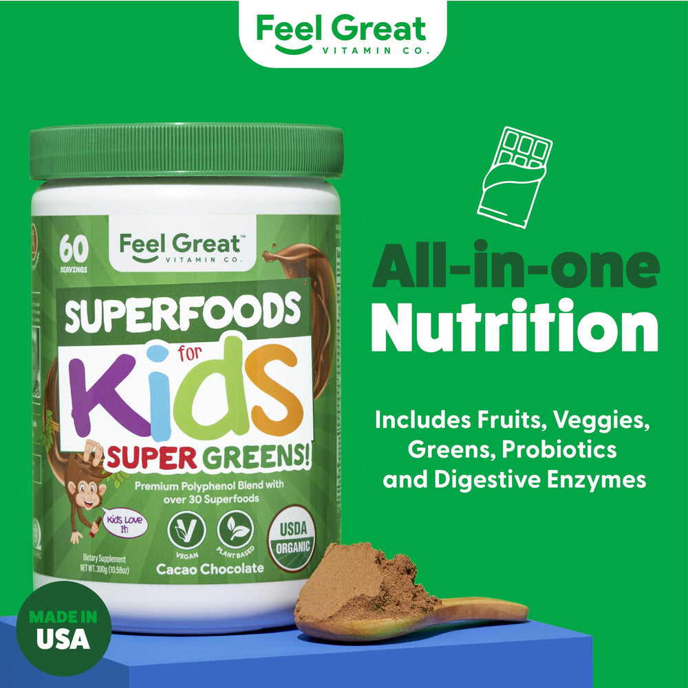 Kids serving of Feel Great Super Greens powder in Cocoa Chocolate flavor