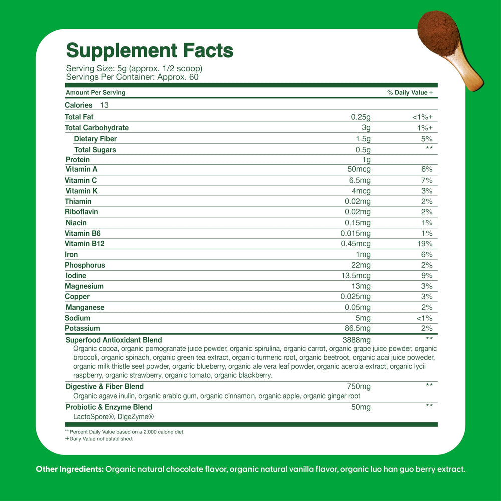 Illustration of hidden veggie powder and fruits in the greens powder