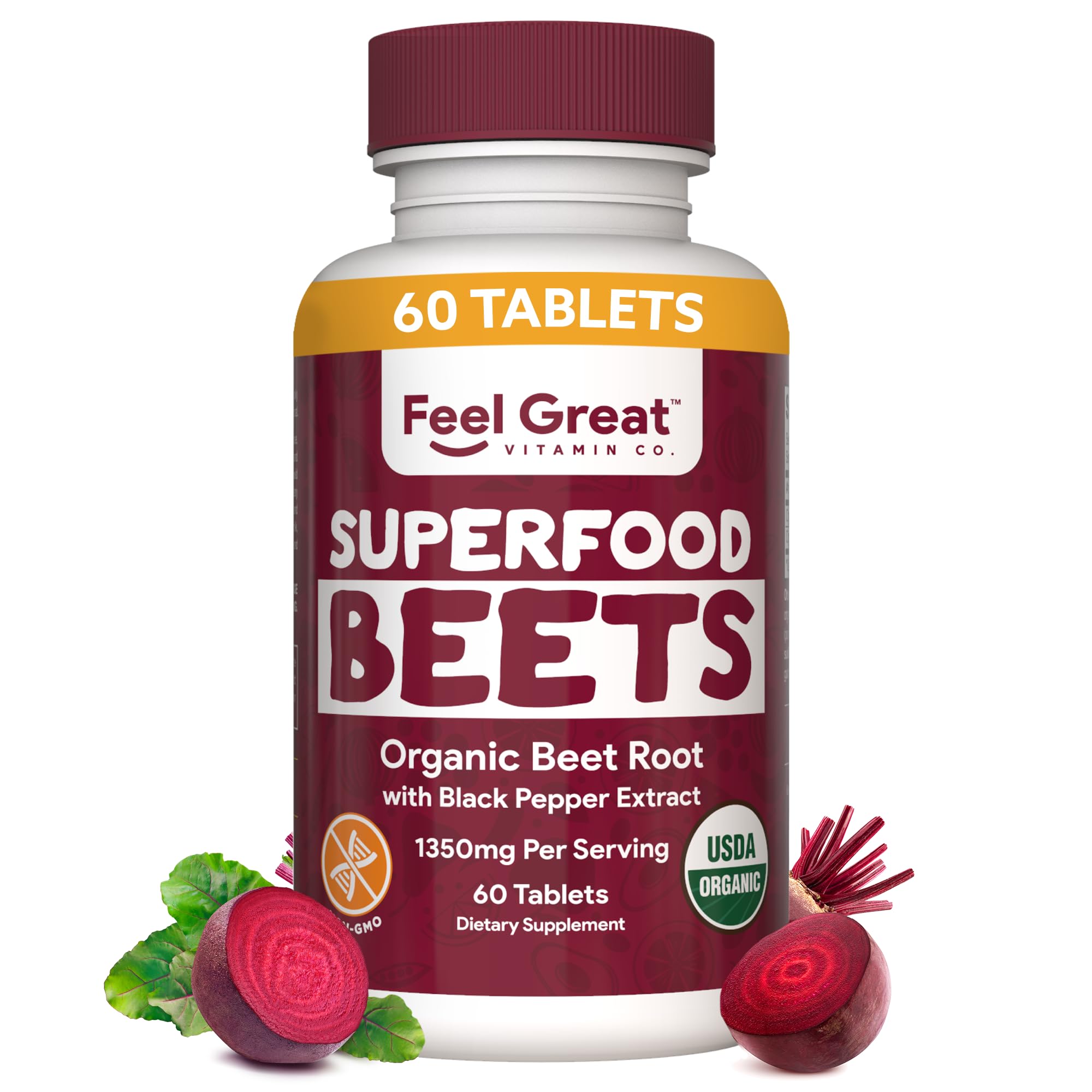 Feel Great Vitamins beet root tablets bottle offers natural energy support for daily use.