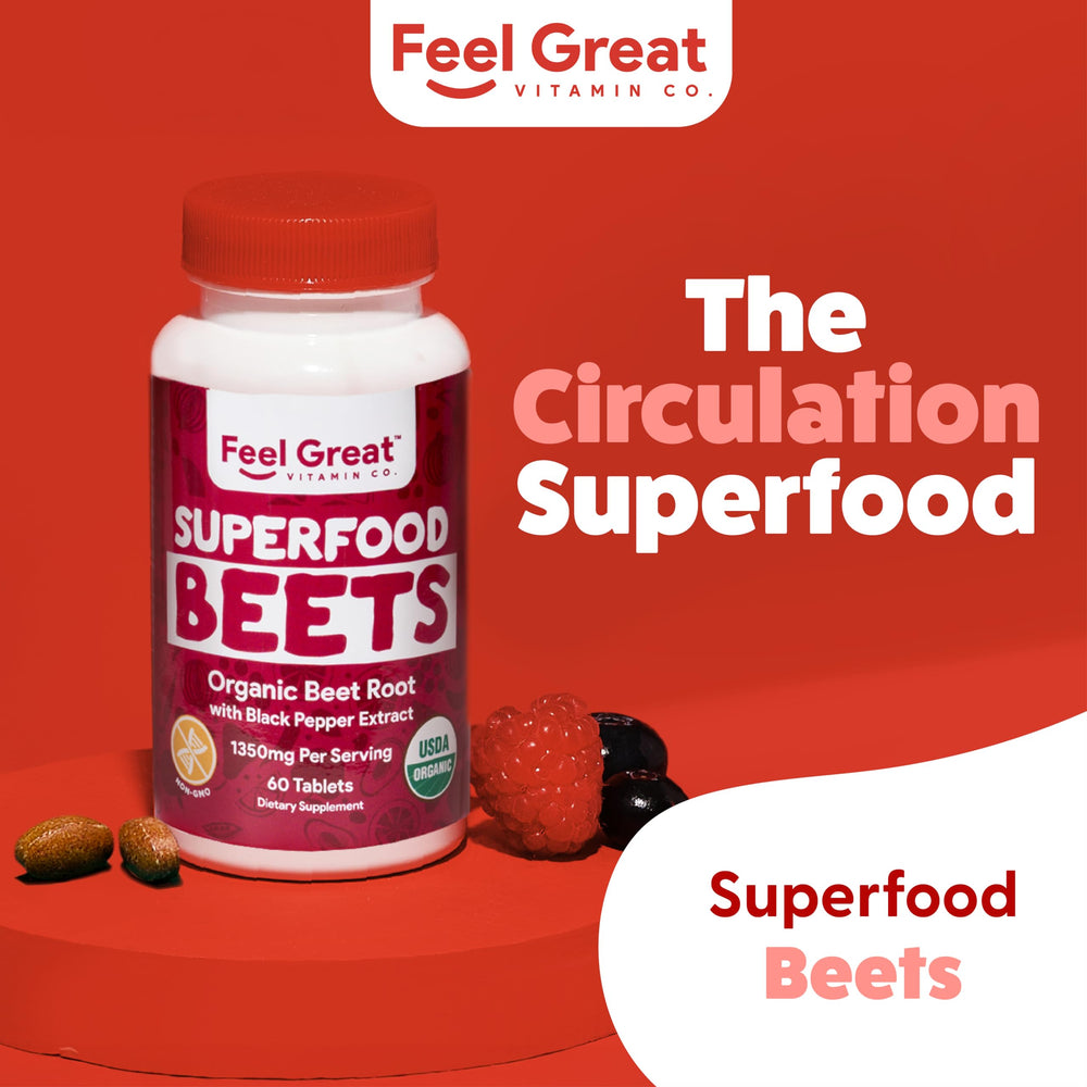 Feel Great Vitamins organic beet root packaging highlights circulation support for active days.