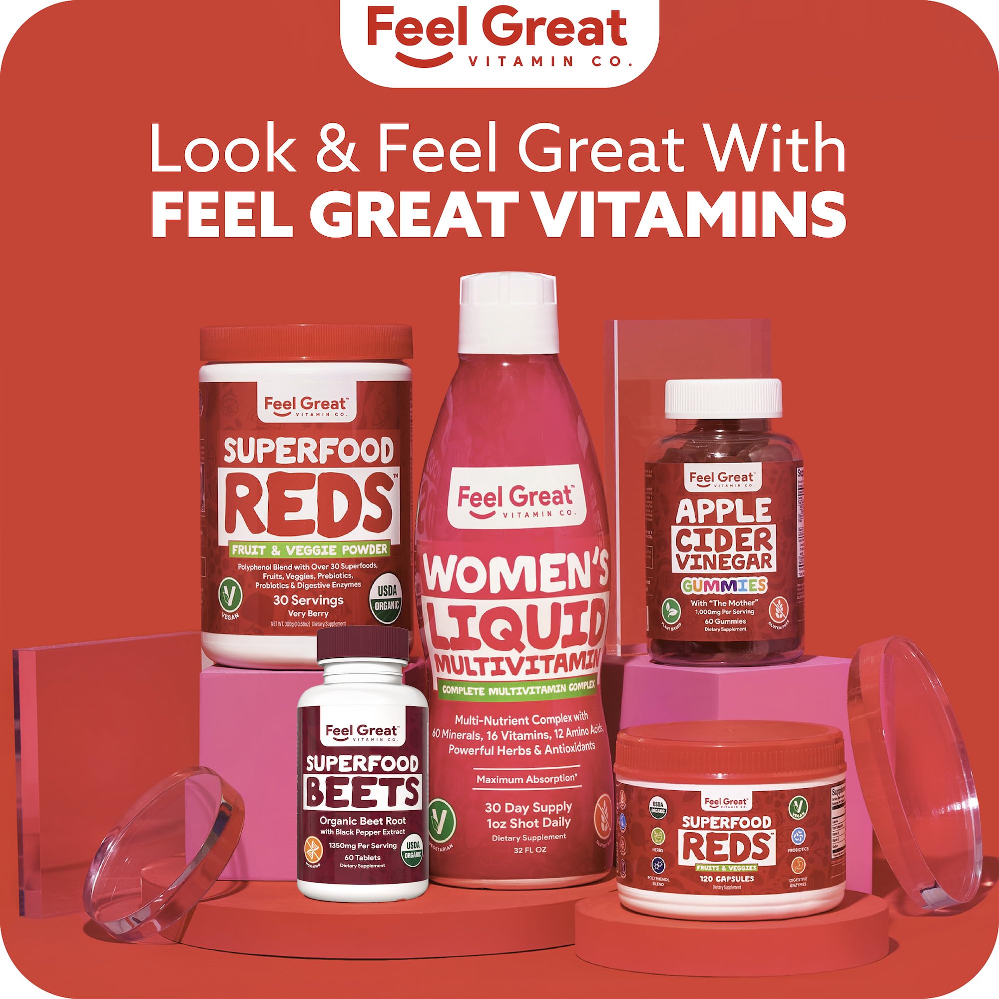 Feel Great Vitamins satisfaction guarantee card highlights a 30-day promise.