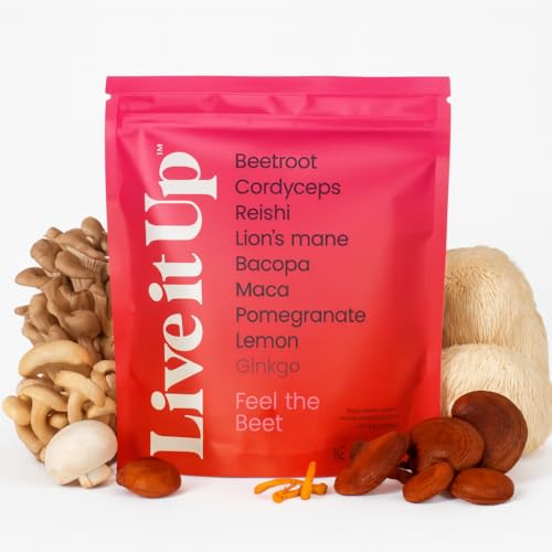 LIVE IT UP Feel The Beet bottle with beetroot powder and adaptogens
