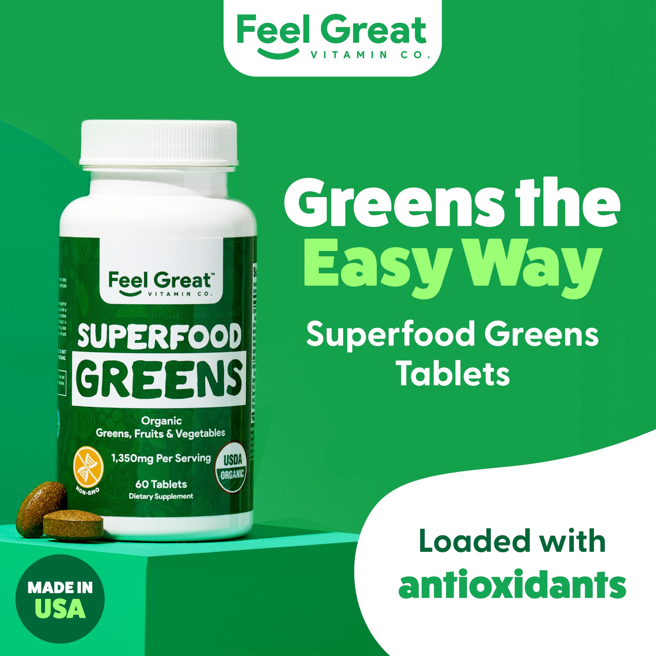 Close-up of the product label highlighting Organic Greens and Fruits