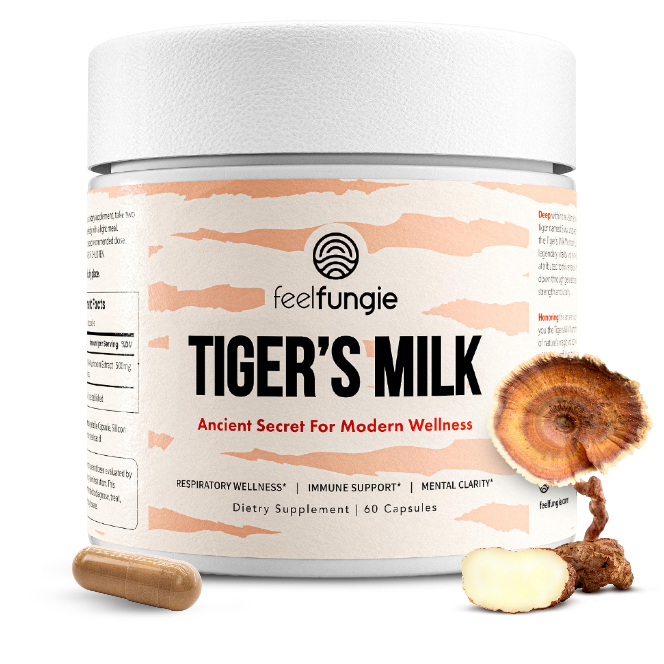 FeelFungie Tiger Milk Mushroom supplement bottle on white background