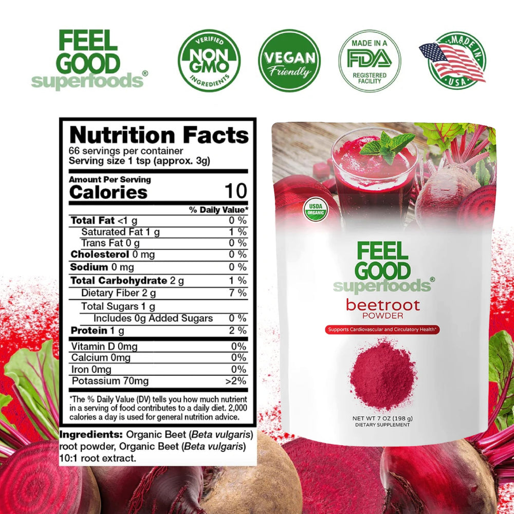 FeelGood beetroot powder bottle on a kitchen counter ready for smoothies and cooking