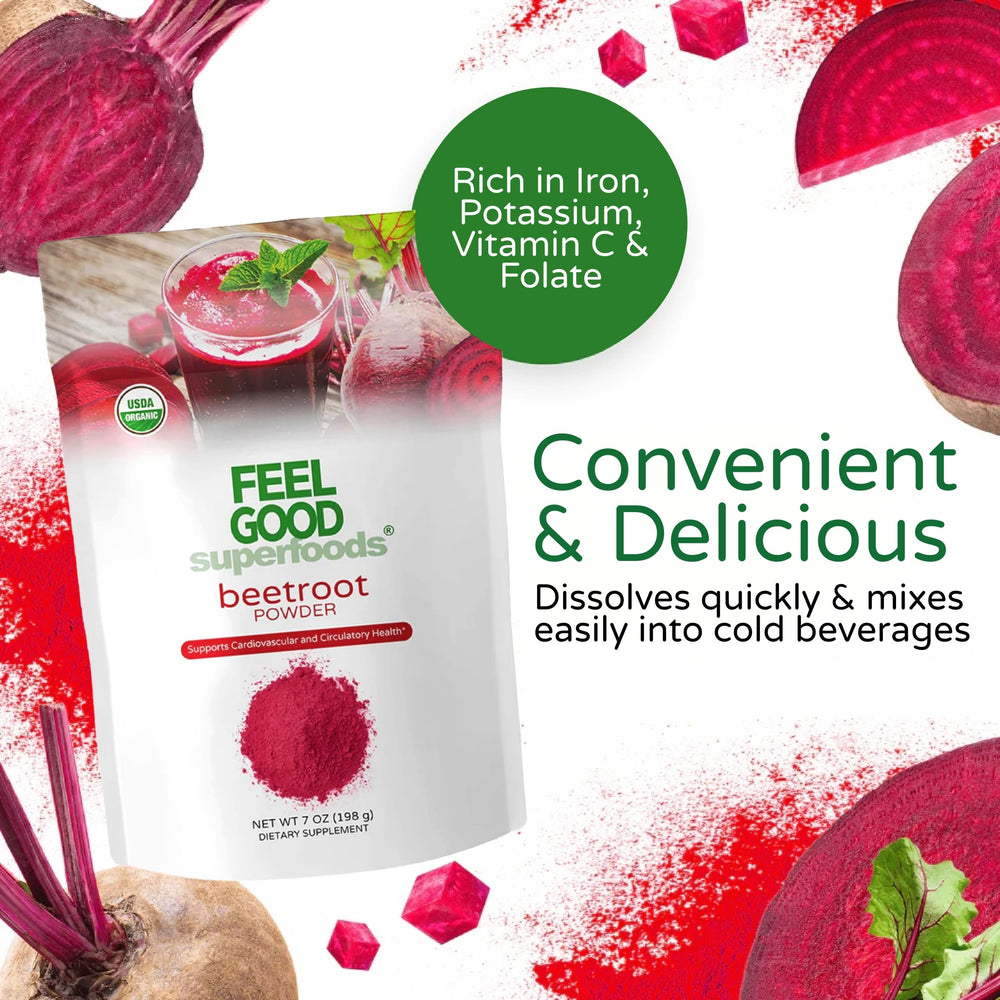 FeelGood beetroot powder label close-up highlighting organic, vegan, non-GMO certifications