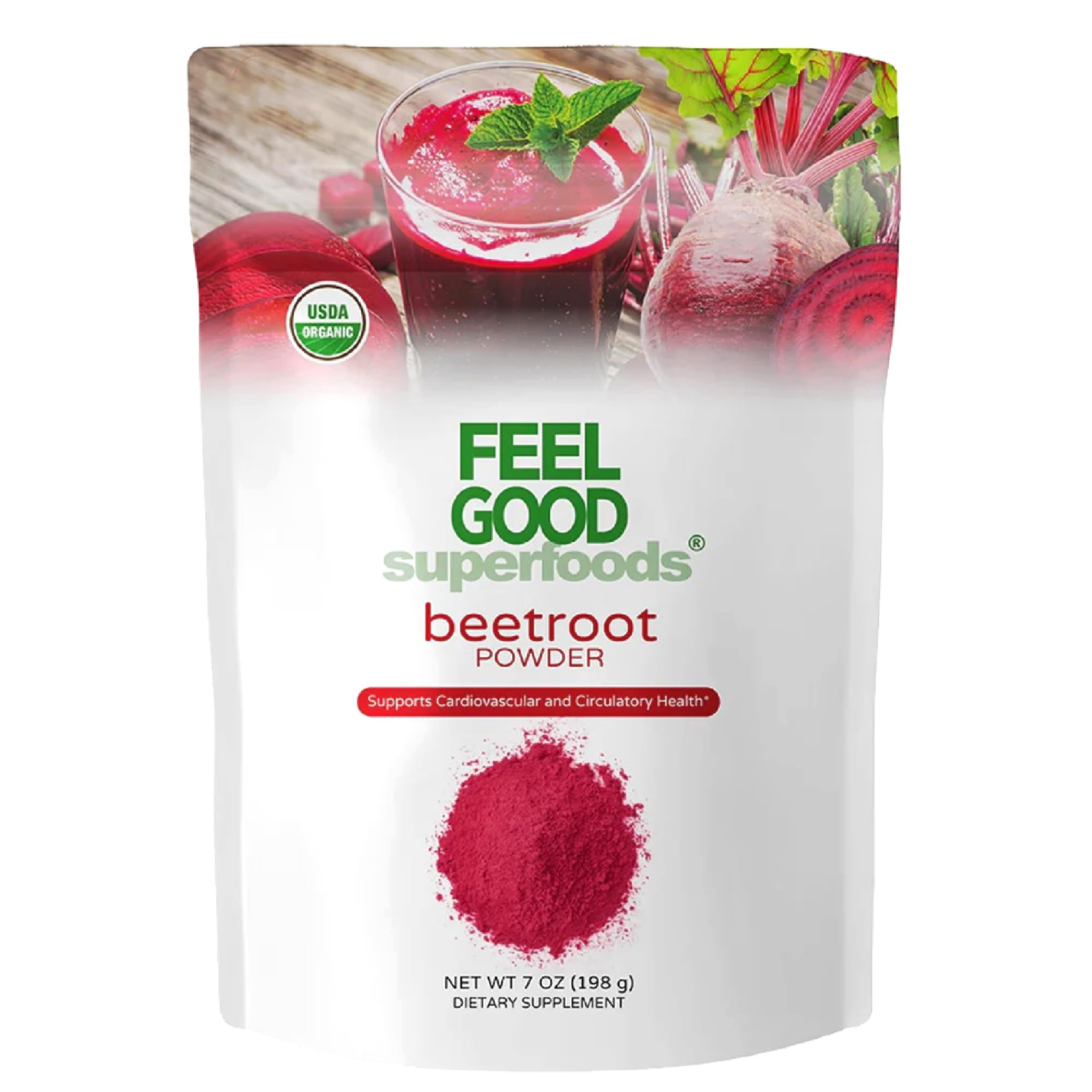 FeelGood beetroot powder scoop beside a smoothie for convenient nitrate-rich everyday vitality