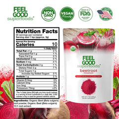 FeelGood beetroot powder in a smoothie glass with berries offering color and potential stamina support