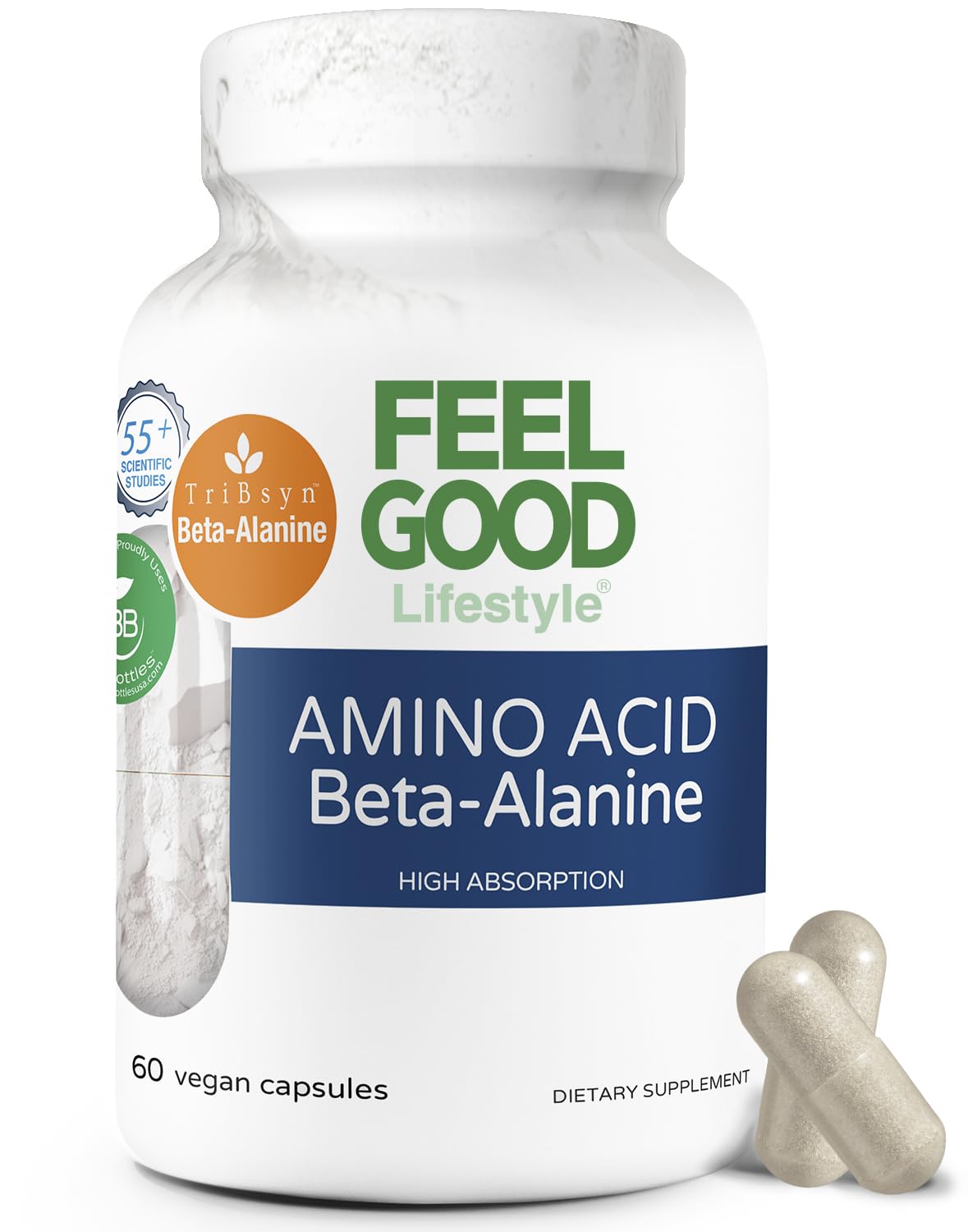 FeelGood Beta-Alanine Capsules bottle front highlighting high absorption and endurance support.