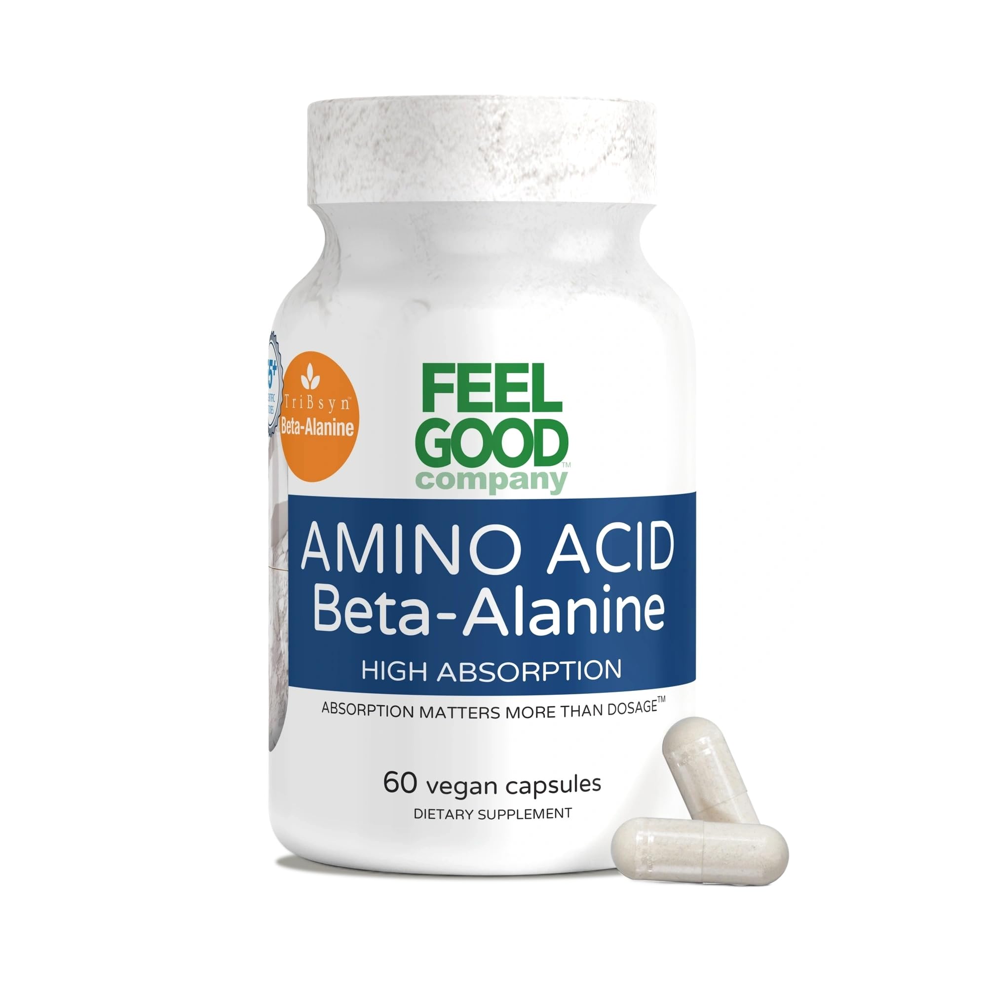FeelGood Beta-Alanine Capsules bottle front highlighting high absorption and endurance support.
