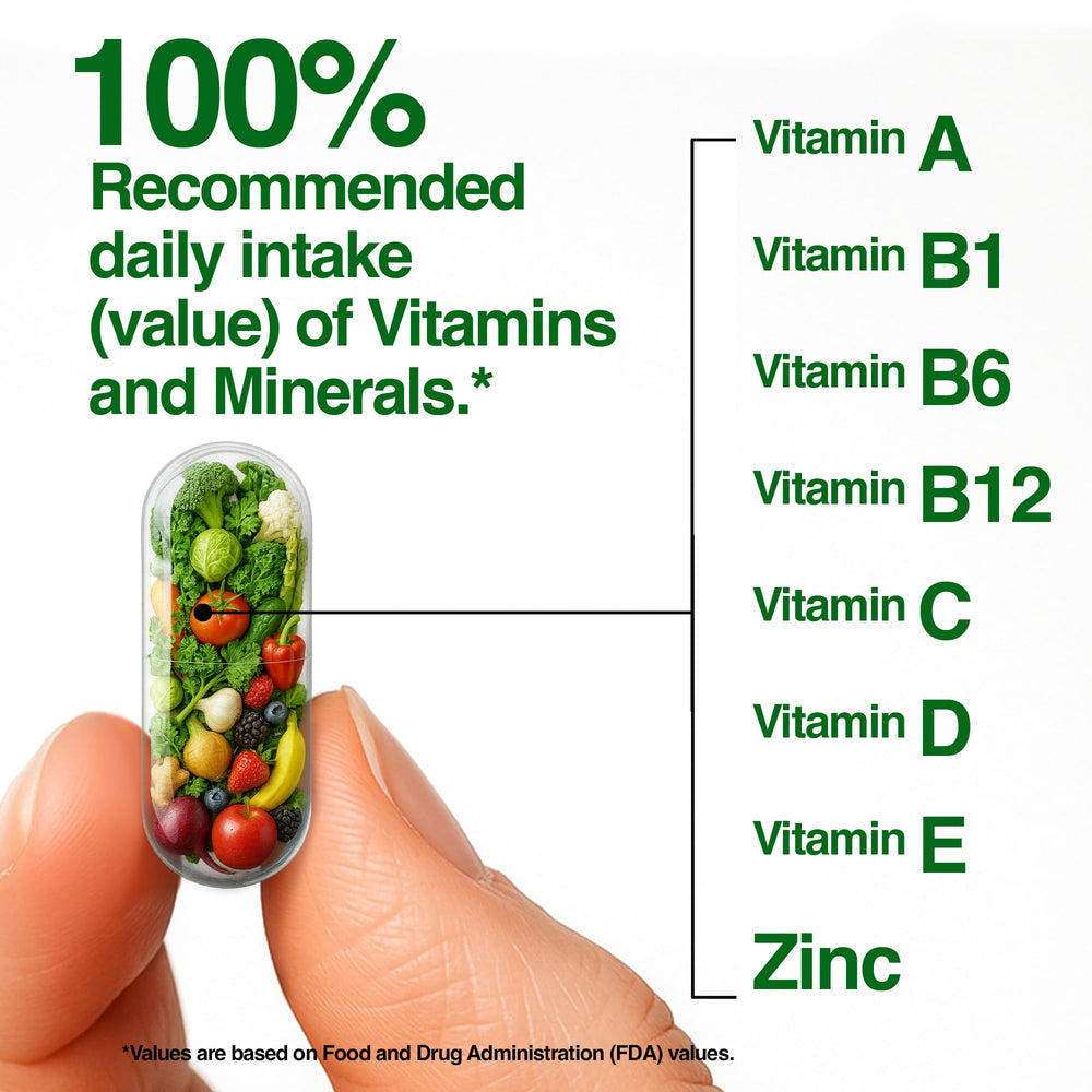 Label emphasizes Vitamin C, B12, B6, A, D3 and Zinc