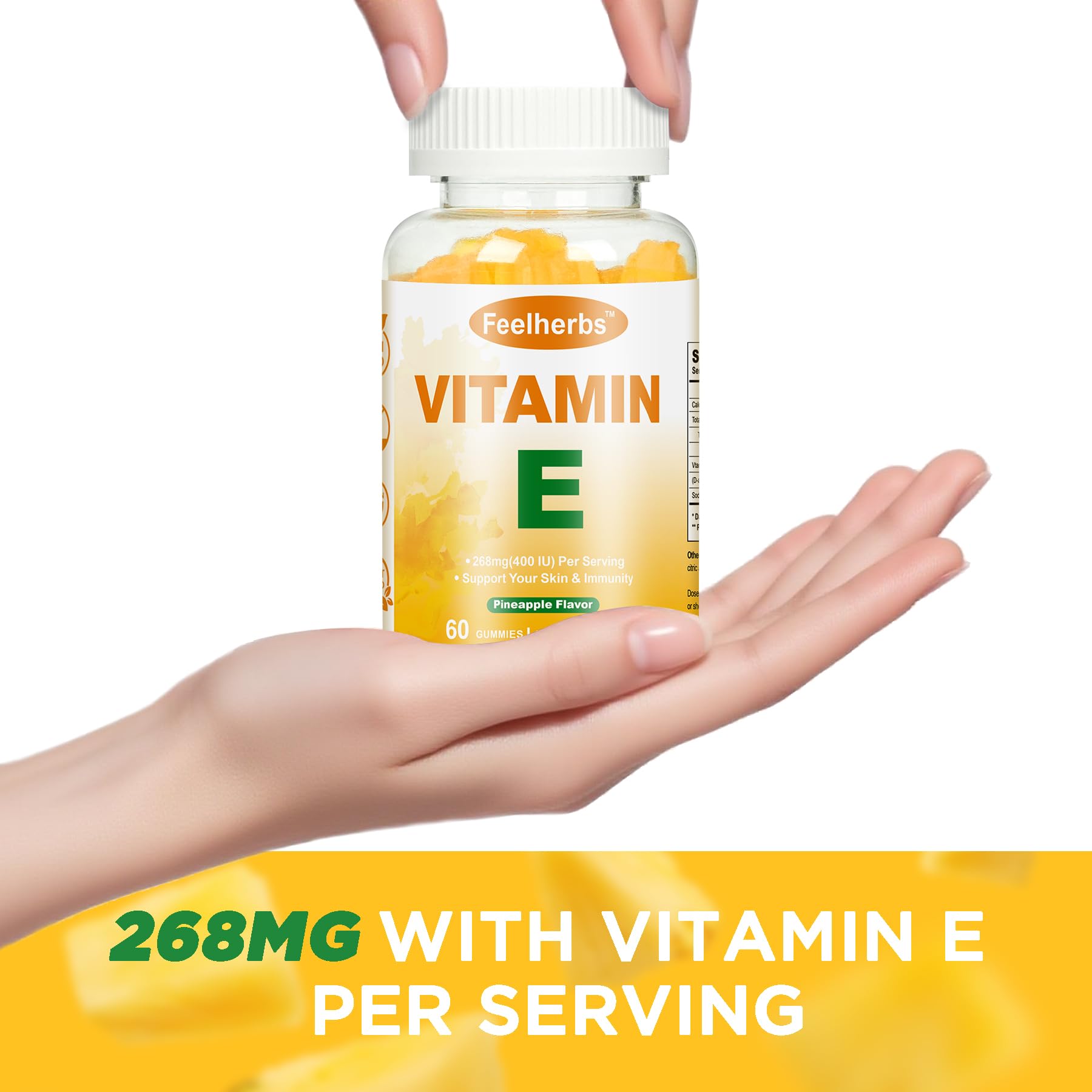 Illustration of Vitamin E gummies supporting skin and cell health.