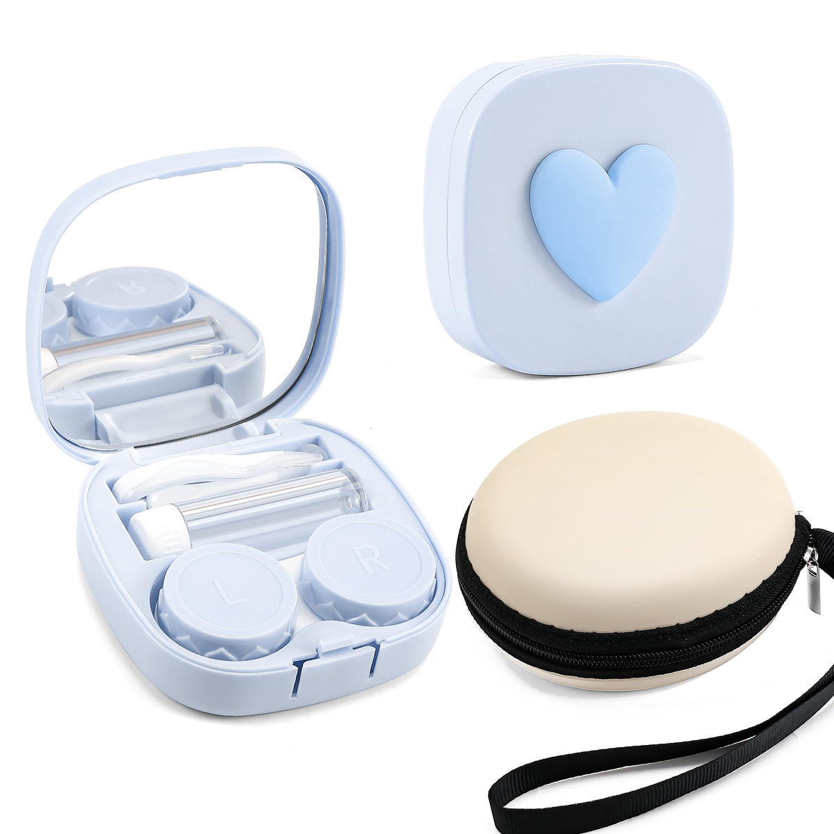 FEISEDY portable contact lens case kit in blue with mirror and tweezers