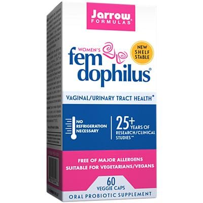 Bottle of Fem-Dophilus probiotic with 60 vegetarian capsules
