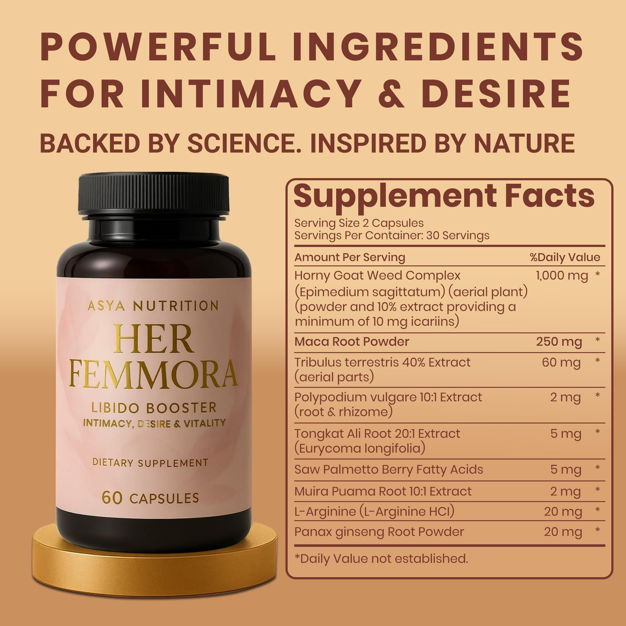 Capsules alongside Maca root and Horny Goat Weed imagery