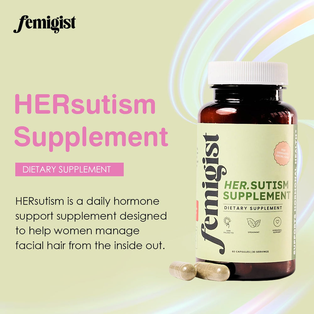 Close-up of Femigist HERsutism supplement bottles