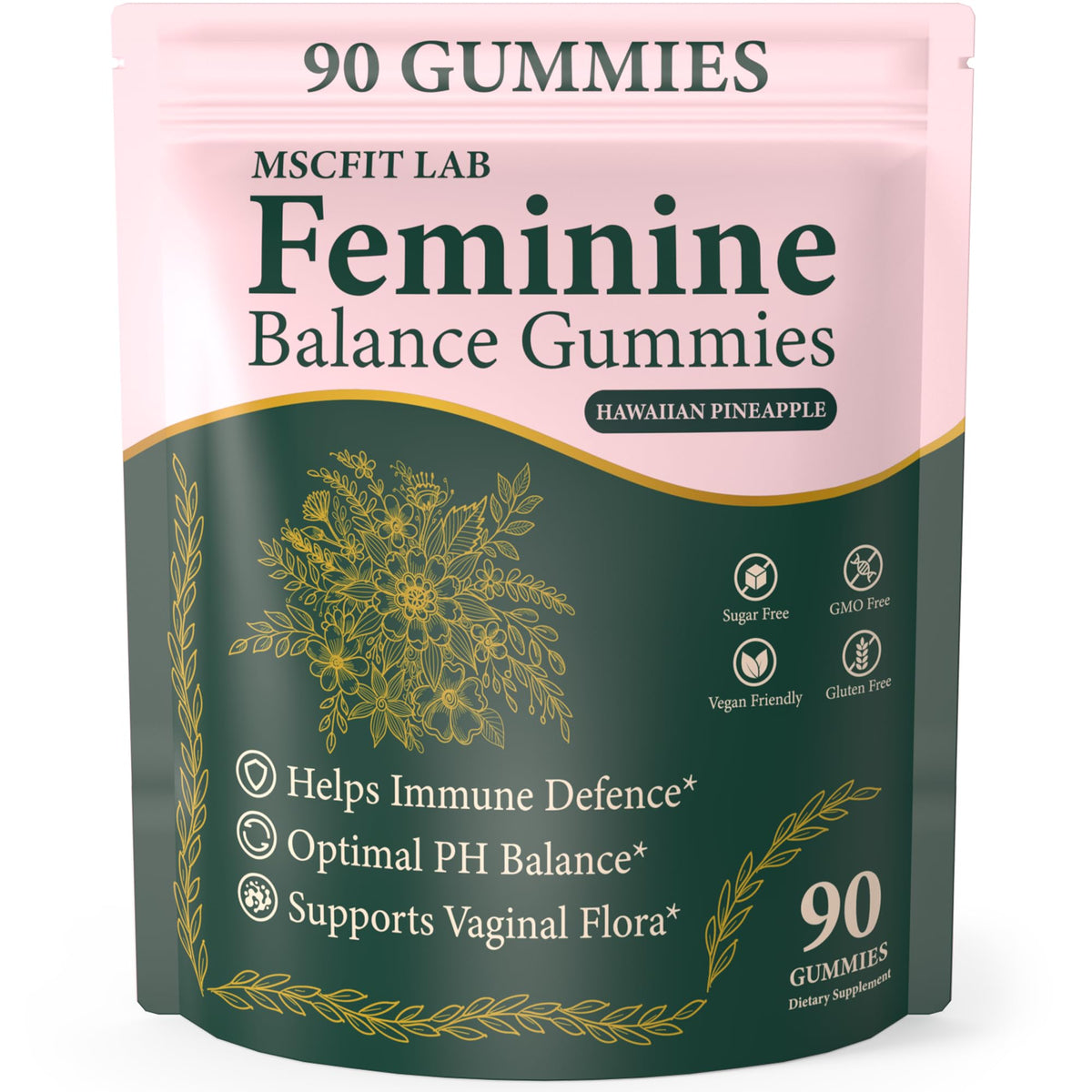 Feminine Balance Gummies bottle with 90-count and pineapple flavor