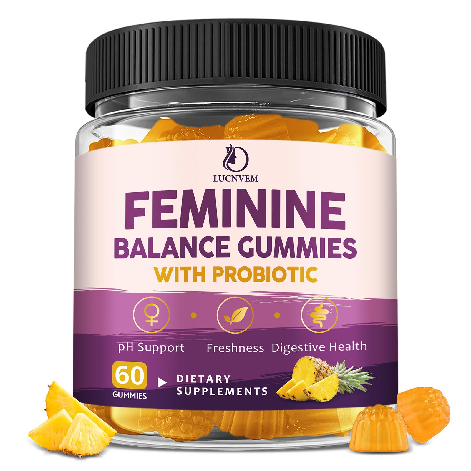 Bottle of Feminine Balance Probiotic Gummies for Women on a white background
