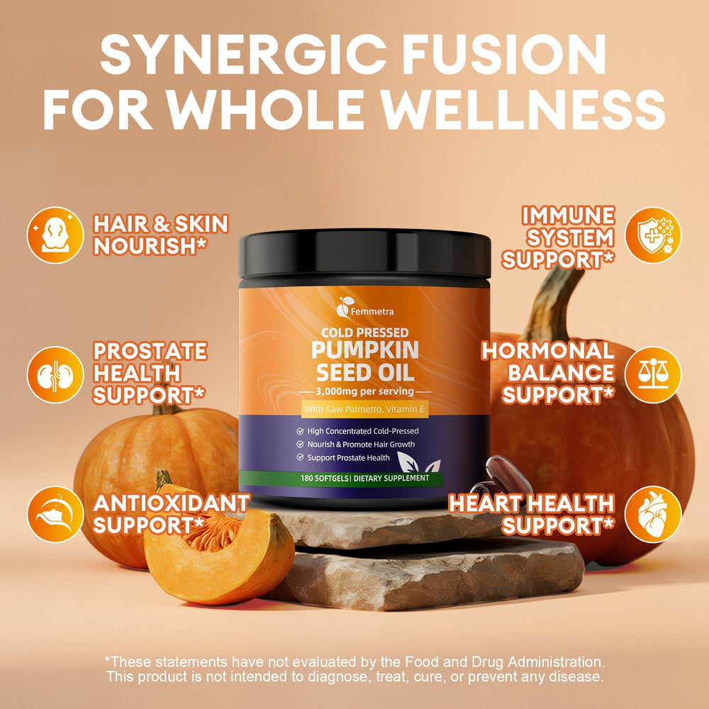Graphic illustrating the 3-in-1 formula: pumpkin seed oil, saw palmetto, vitamin E