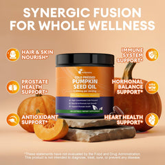 Graphic illustrating the 3-in-1 formula: pumpkin seed oil, saw palmetto, vitamin E