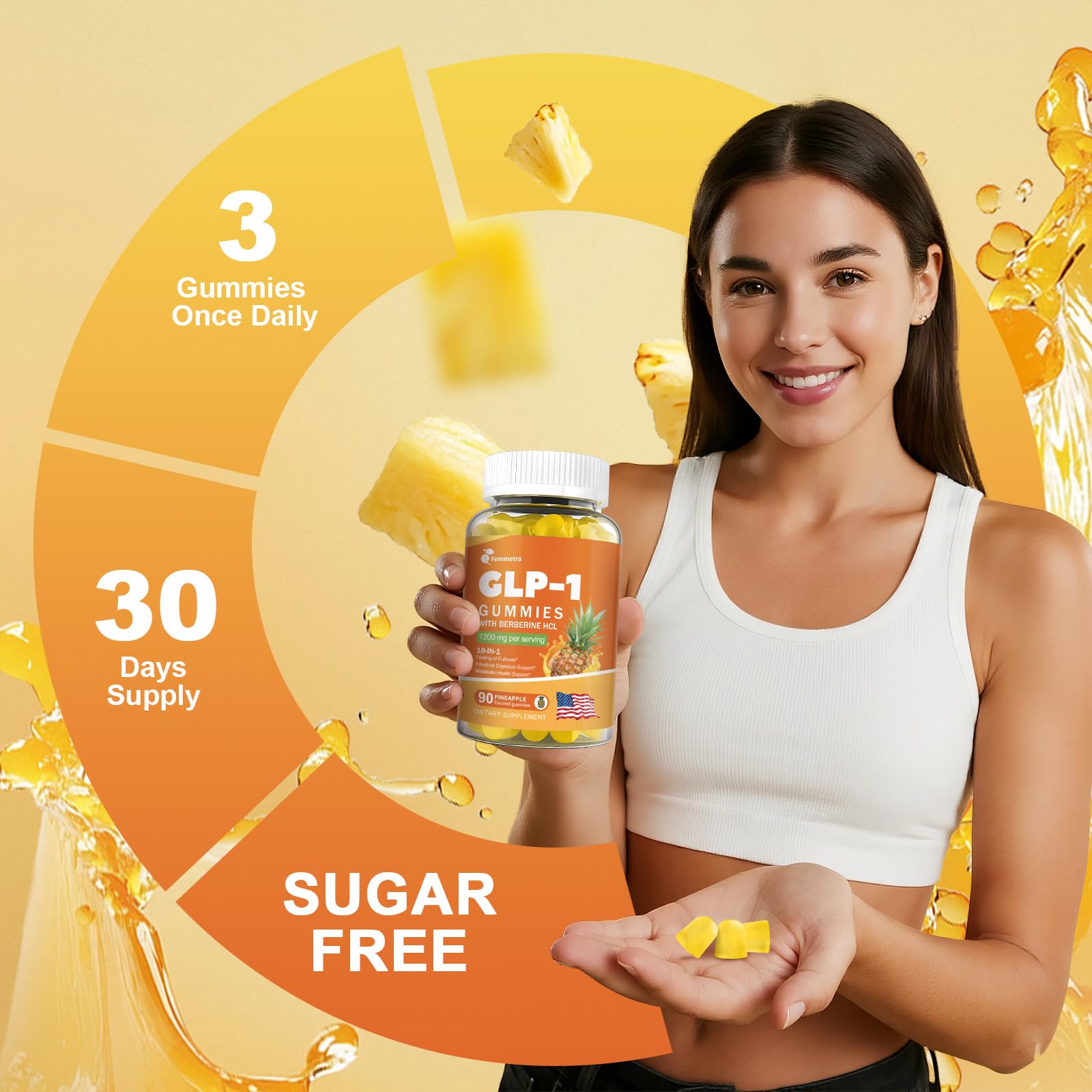 Femmetra GLP-1 gummies label close-up highlighting vegan, non-GMO formulation