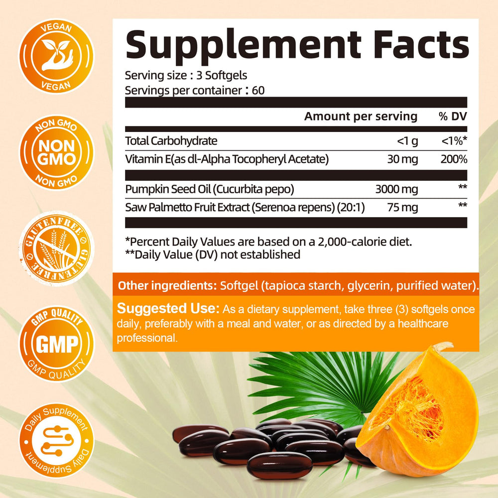 Product bottle label highlighting pumpkin seed oil capsules