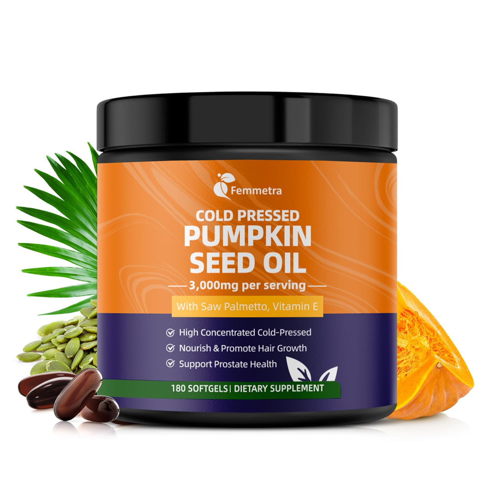 Hero image showing Femmetra pumpkin seed oil and saw palmetto softgel capsules