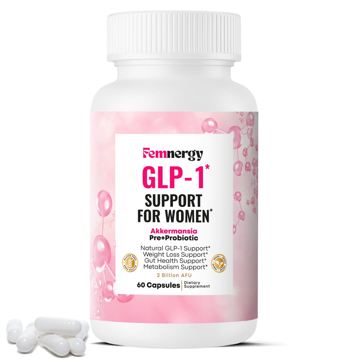 Front view of Femnergy GLP-1 Weight Loss Probiotic for Women bottle
