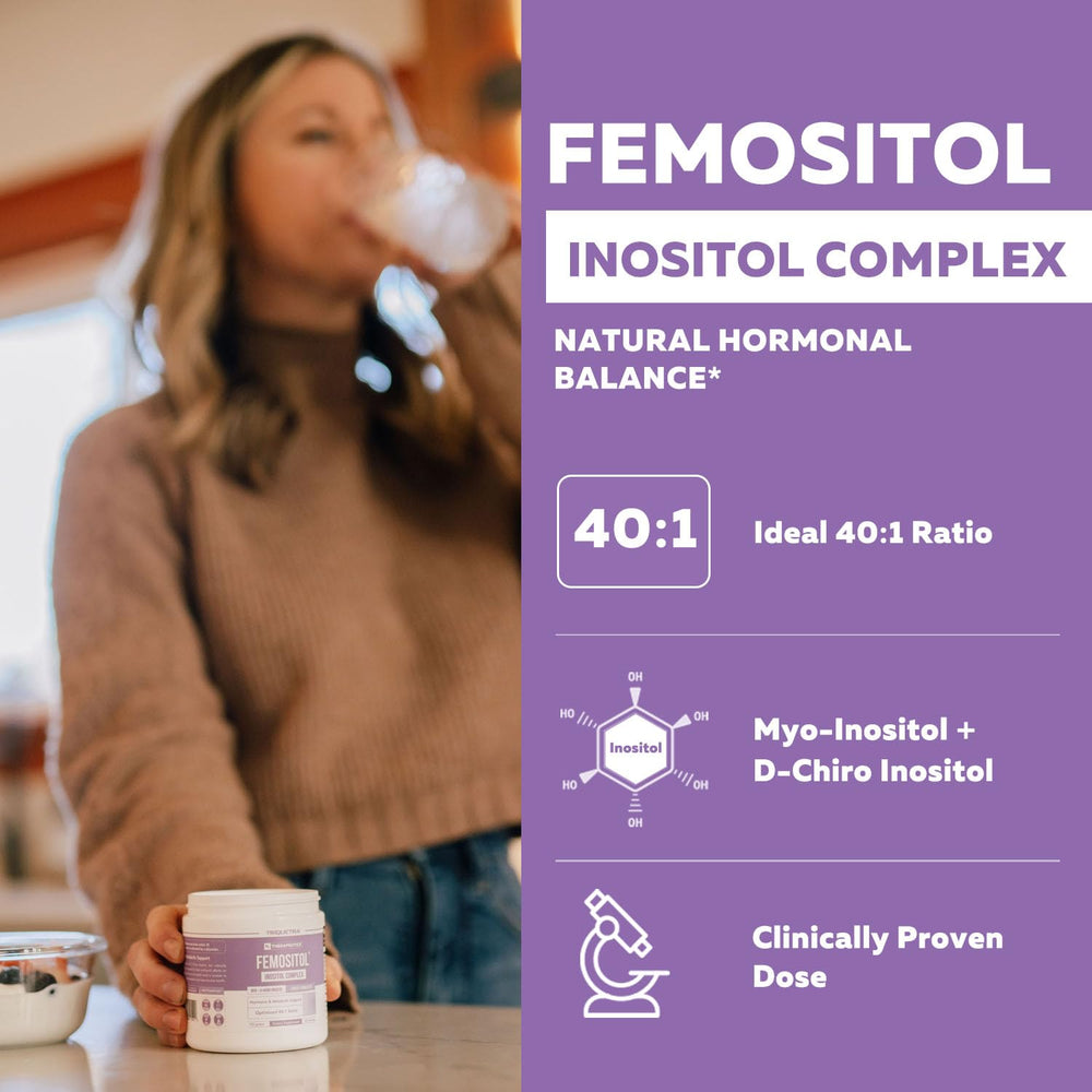 Product label highlighting 40:1 Myo-Inositol to D-Chiro Inositol ratio