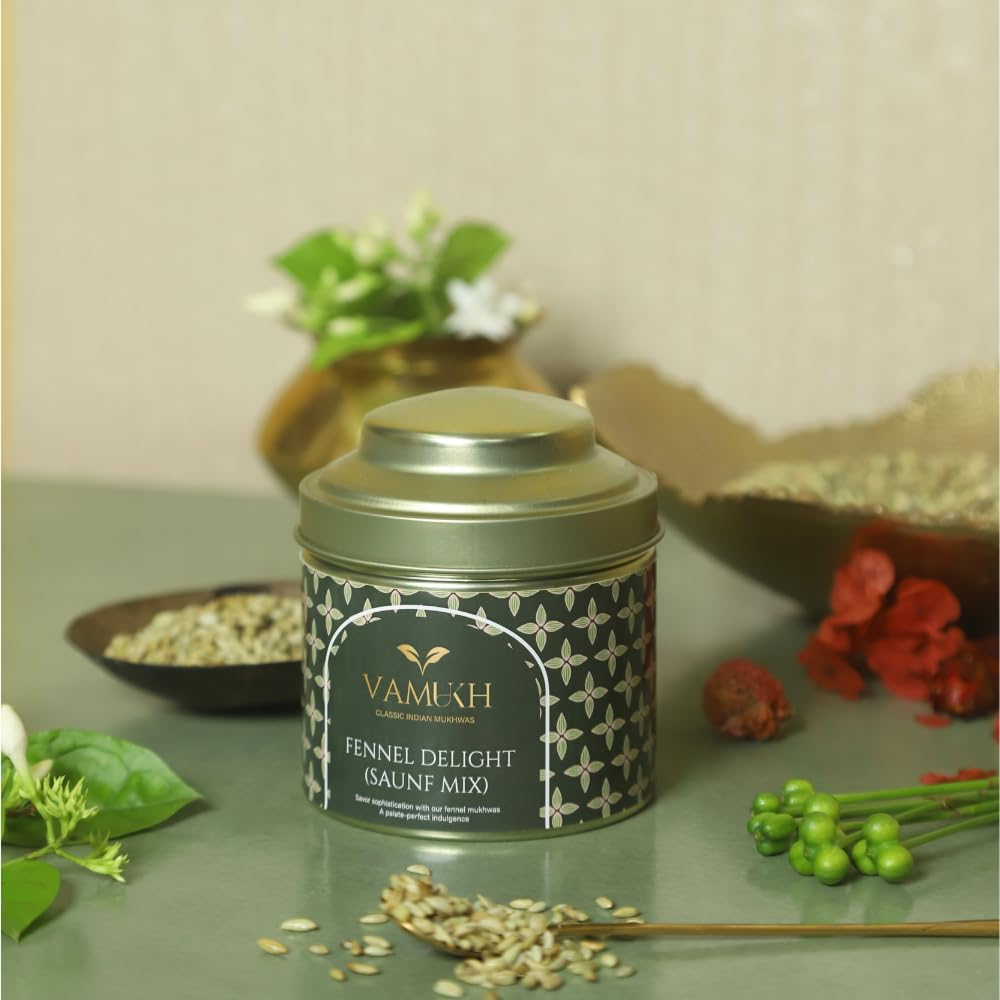 Lifestyle shot of Fennel Bliss jar with fresh herbs on a table