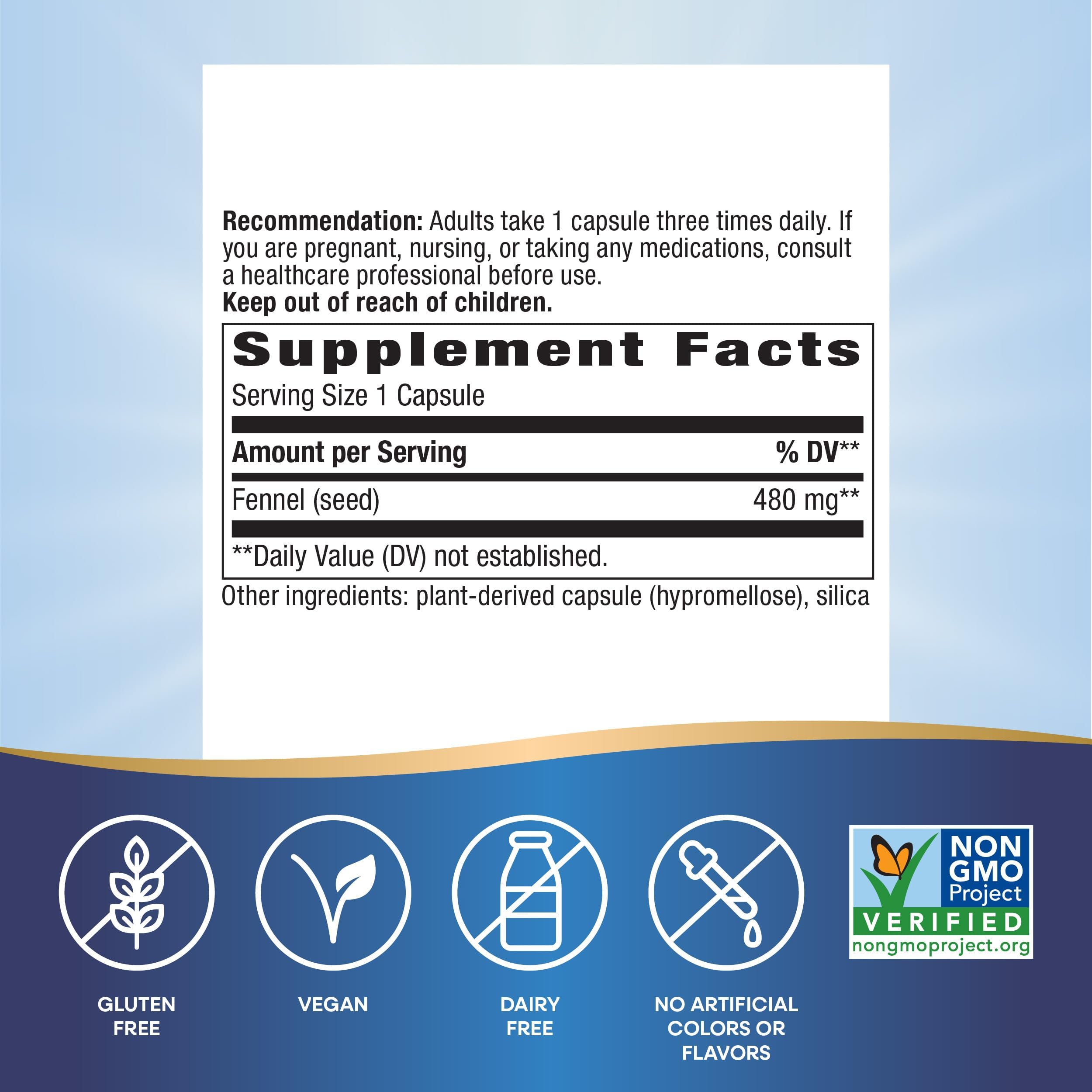 Close-up of fennel seed capsules showing 480 mg per serving