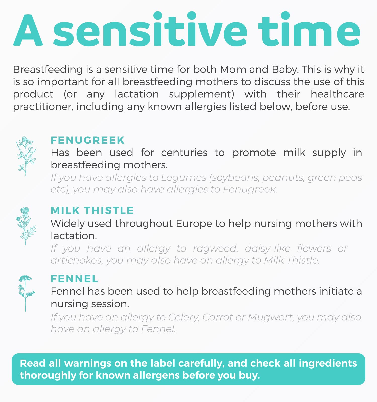 Herbs fenugreek fennel and milk thistle for breastfeeding support