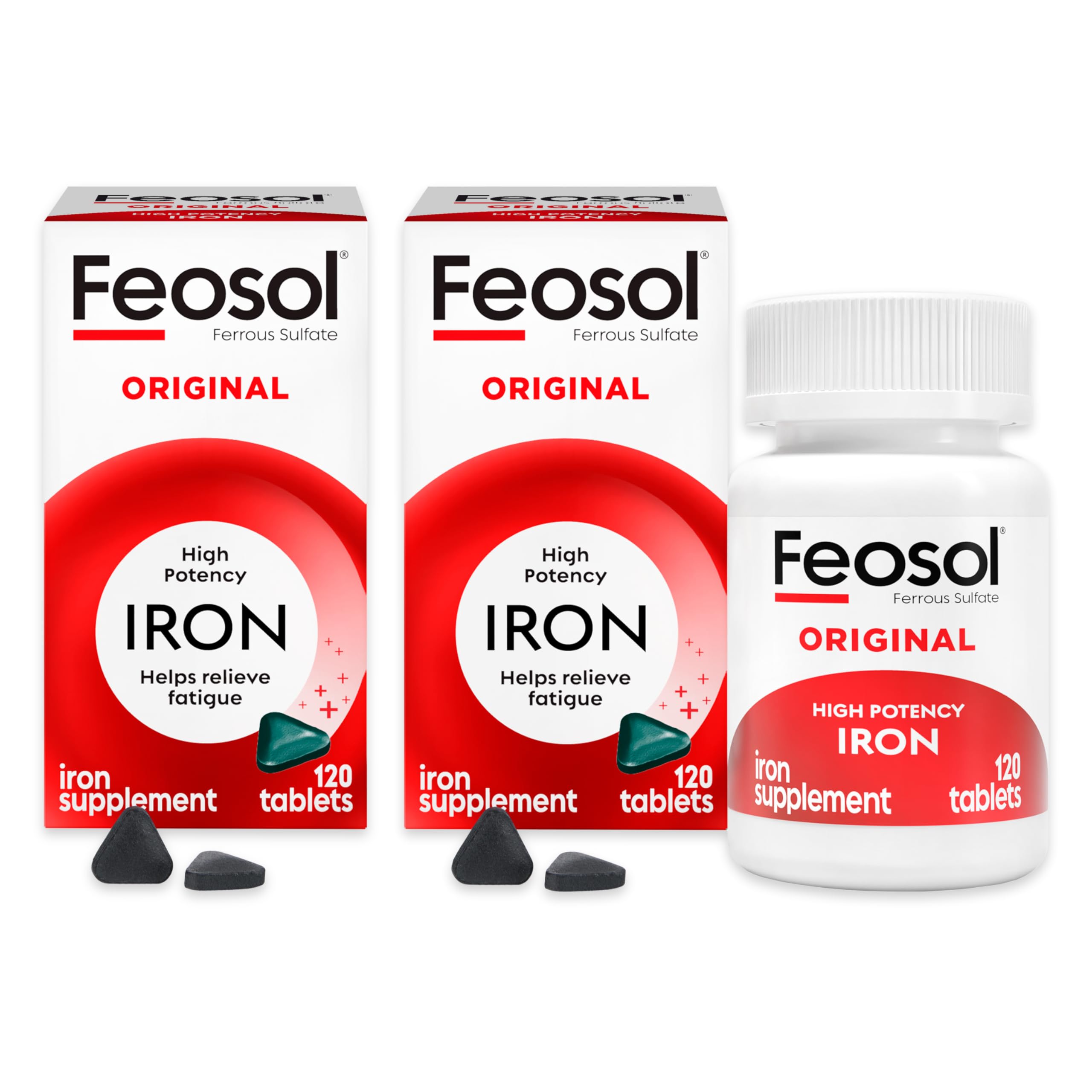 Feosol Original 120-count iron supplement pack on the label