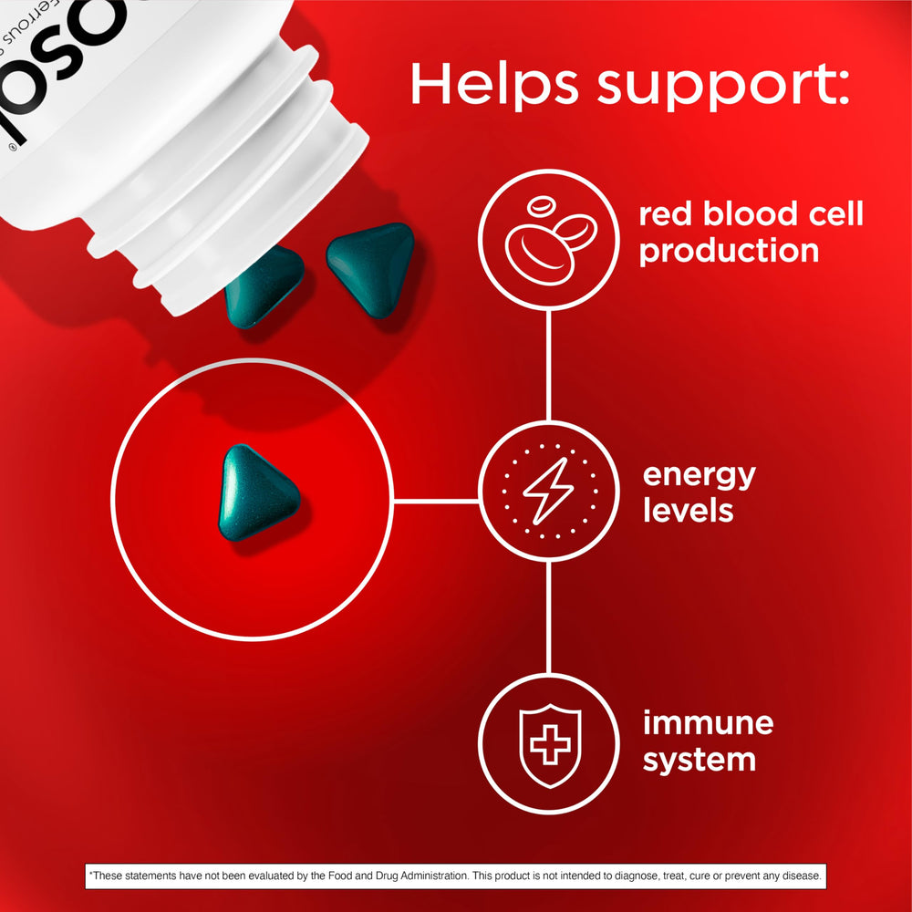 Close-up of Feosol Original tablet showing 65 mg elemental iron