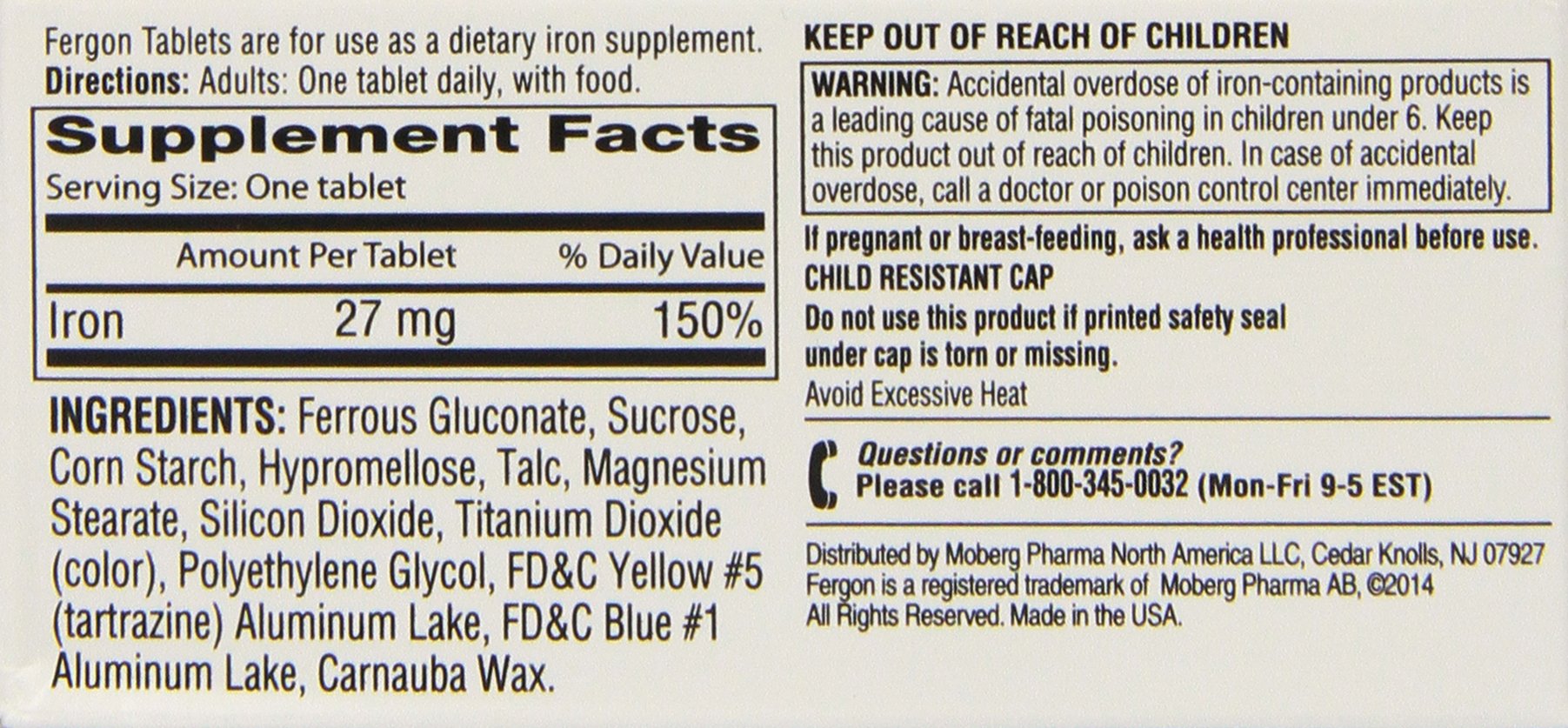 Close-up of Fergon iron supplement tablet bottle