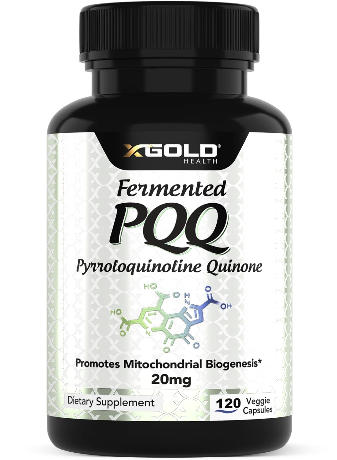 Fermented PQQ capsules in a clear bottle